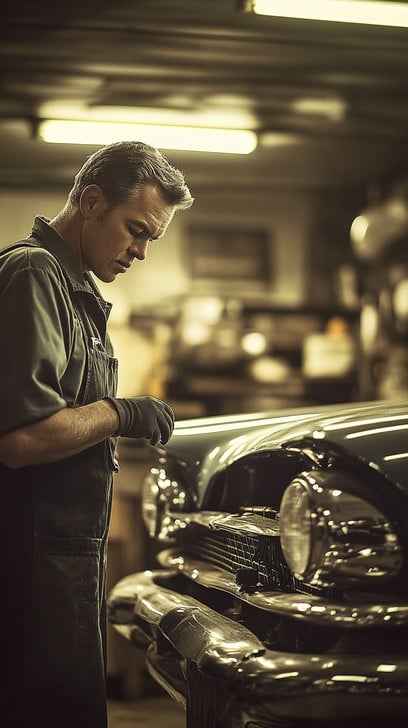Mechanic inspecting car