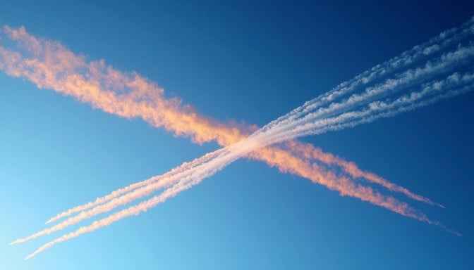 Crisscrossing golden contrails