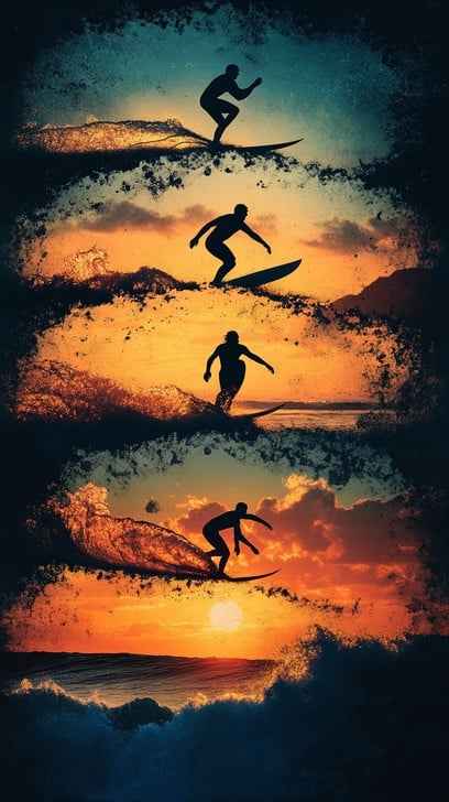 Silhouetted Surfing Trio