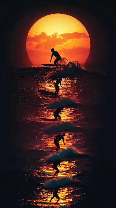 Silhouetted surfers sunset