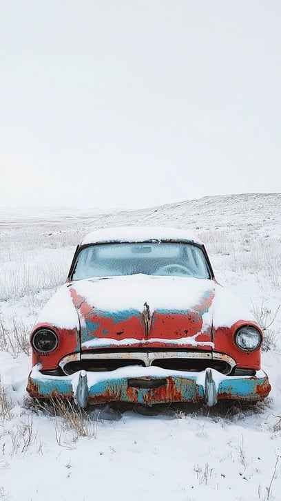 Abandoned snowy car
