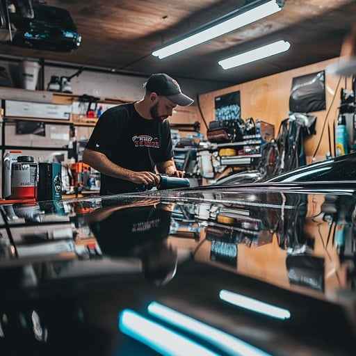 Mechanic polishing car Mechanic polishing car