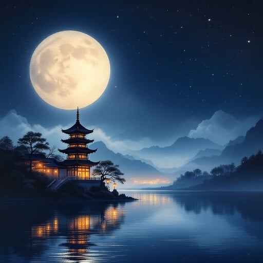 Moonlit Pagoda Reflection