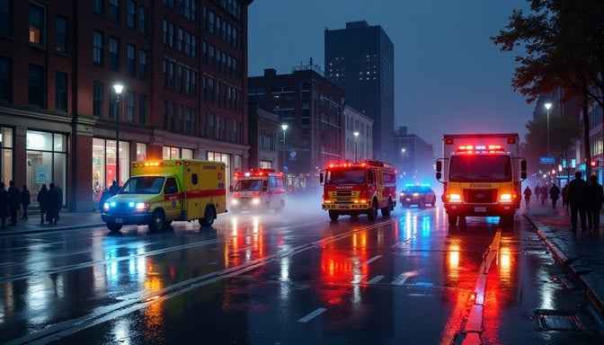Emergency lights reflected Emergency lights reflected