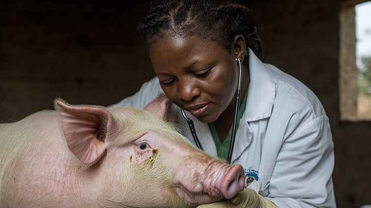 Veterinarian examining pig