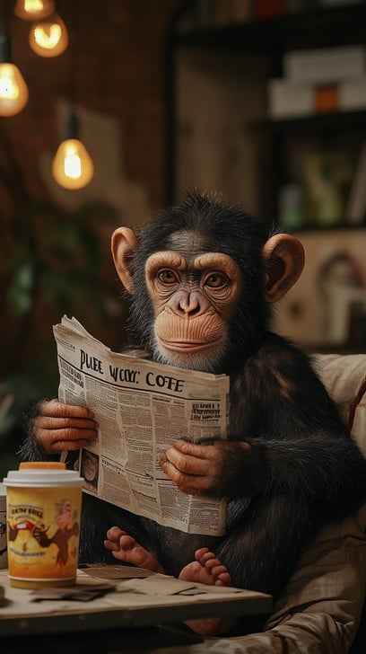 Chimpanzee reading newspaper