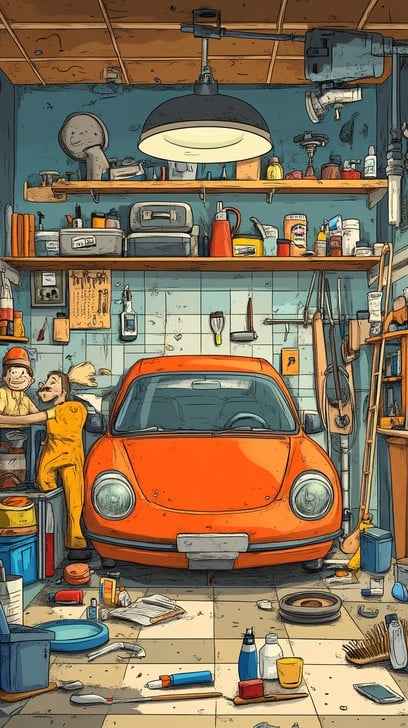 Cluttered garage workshop