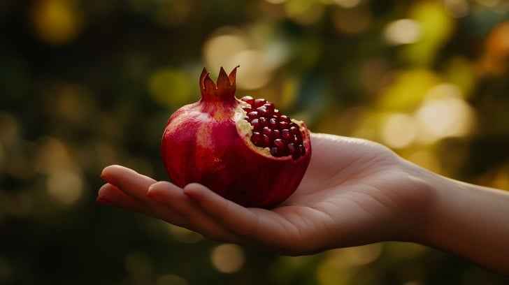 Holding fresh pomegranate Holding fresh pomegranate