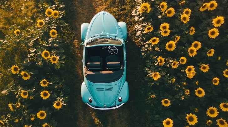Car amid sunflowers