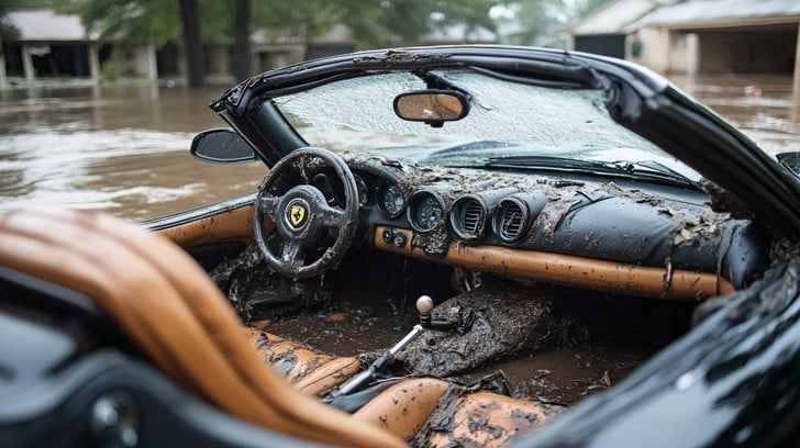 Flooded sports car